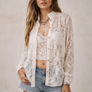 Vintage 90s White Lace Sheer High Neck Victorian Blouse S